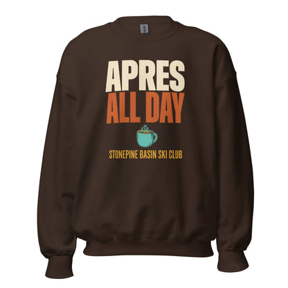 Après All Day Stonepine Basin Ski Club retro apres-ski crewneck sweatshirt — Dark Chocolate, front