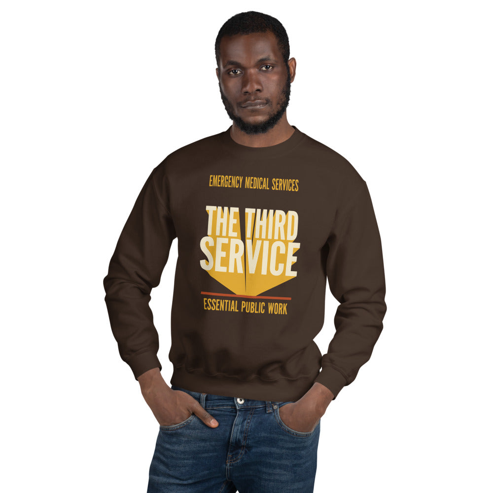 The Third Service EMS crewneck sweatshirt — Dark Chocolate, on model