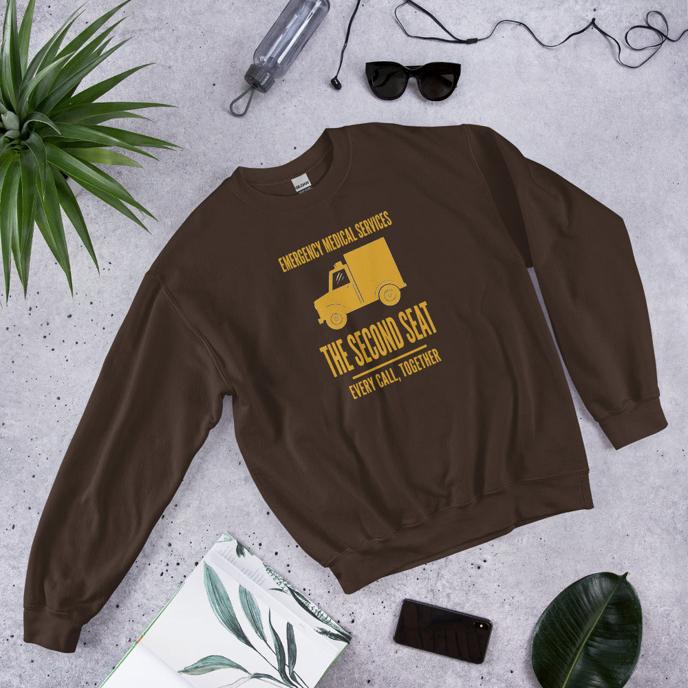 The Second Seat EMS paramedic crewneck — Dark Chocolate, flat lay