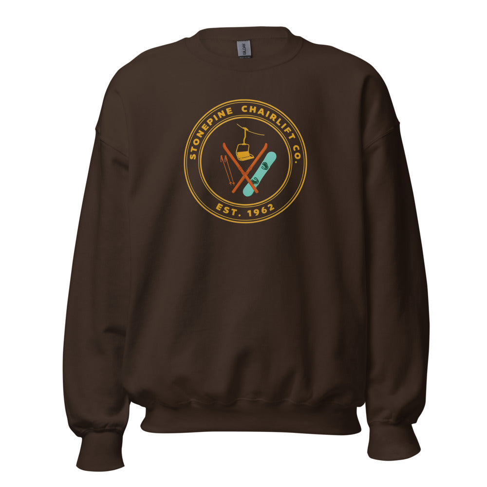 Stonepine Chairlift Co. retro vintage ski club badge crewneck sweatshirt — Dark Chocolate, front