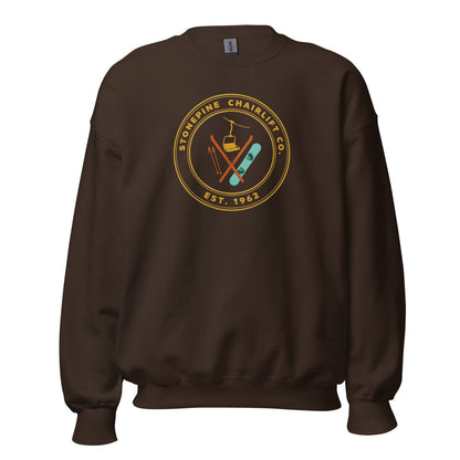 Stonepine Chairlift Co. retro vintage ski club badge crewneck sweatshirt — Dark Chocolate, front