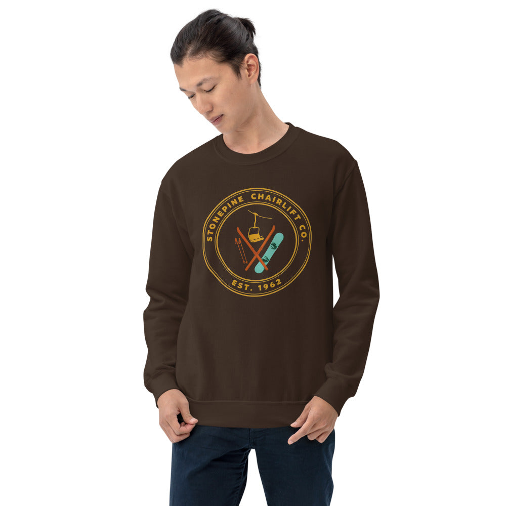 Stonepine Chairlift Co. retro vintage ski club badge crewneck sweatshirt — Dark Chocolate, on model