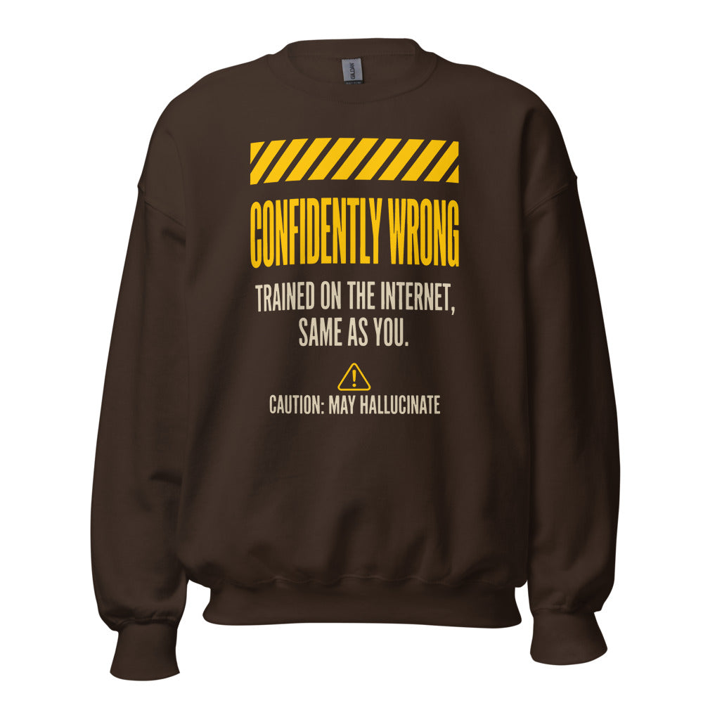 Confidently Wrong AI hazard-label crewneck sweatshirt — Dark Chocolate, front