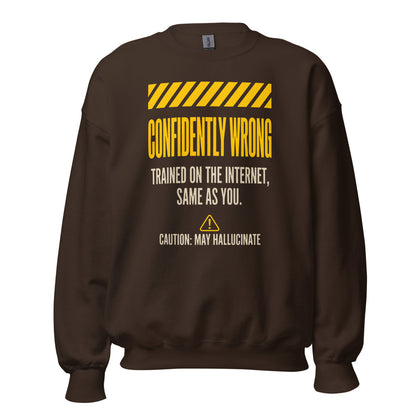 Confidently Wrong AI hazard-label crewneck sweatshirt — Dark Chocolate, front