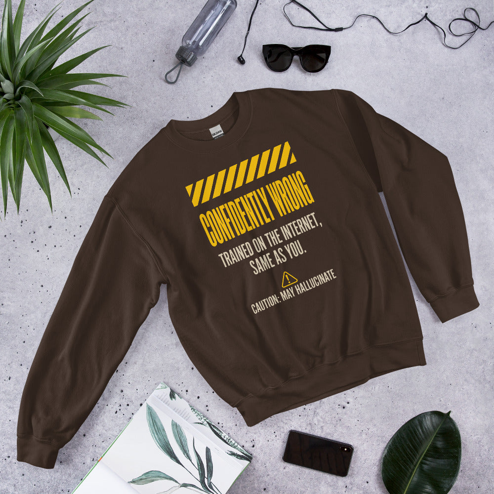 Confidently Wrong AI hazard-label crewneck sweatshirt — Dark Chocolate, flat lay