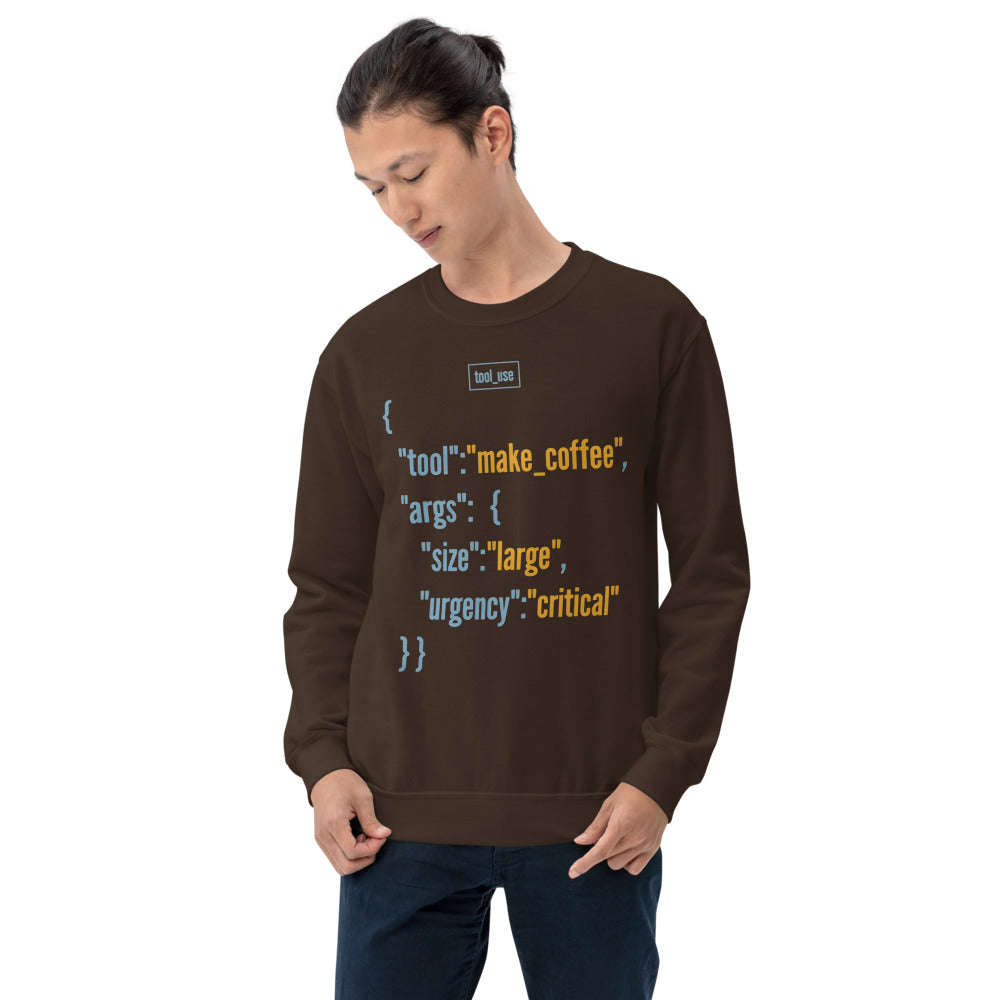 Tool Call Make Coffee AI engineer crewneck sweatshirt — Dark Chocolate, on model