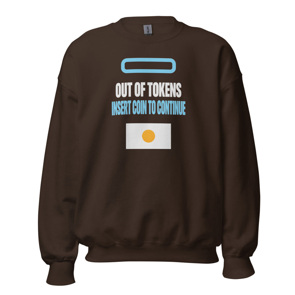 Insert Coin To Continue out of tokens crewneck sweatshirt — Dark Chocolate, front