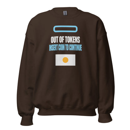 Insert Coin To Continue out of tokens crewneck sweatshirt — Dark Chocolate, front