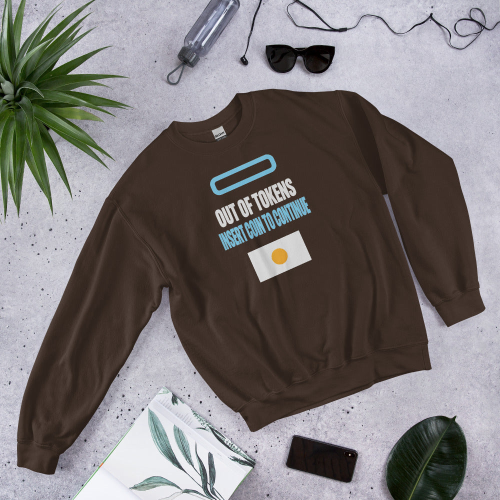Insert Coin To Continue out of tokens crewneck sweatshirt — Dark Chocolate, flat lay