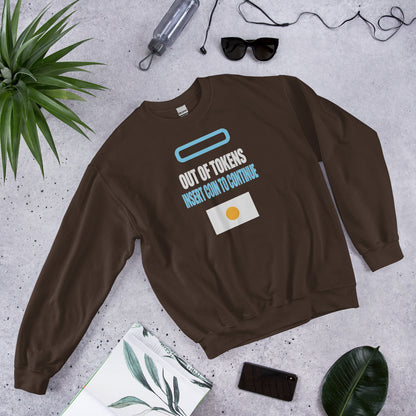 Insert Coin To Continue out of tokens crewneck sweatshirt — Dark Chocolate, flat lay