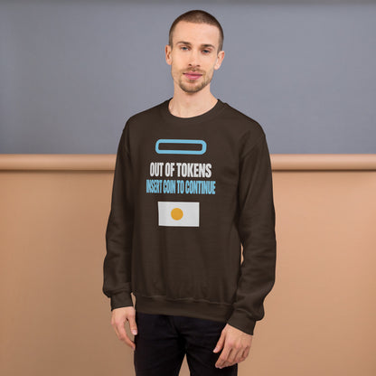 Insert Coin To Continue out of tokens crewneck sweatshirt — Dark Chocolate, on model