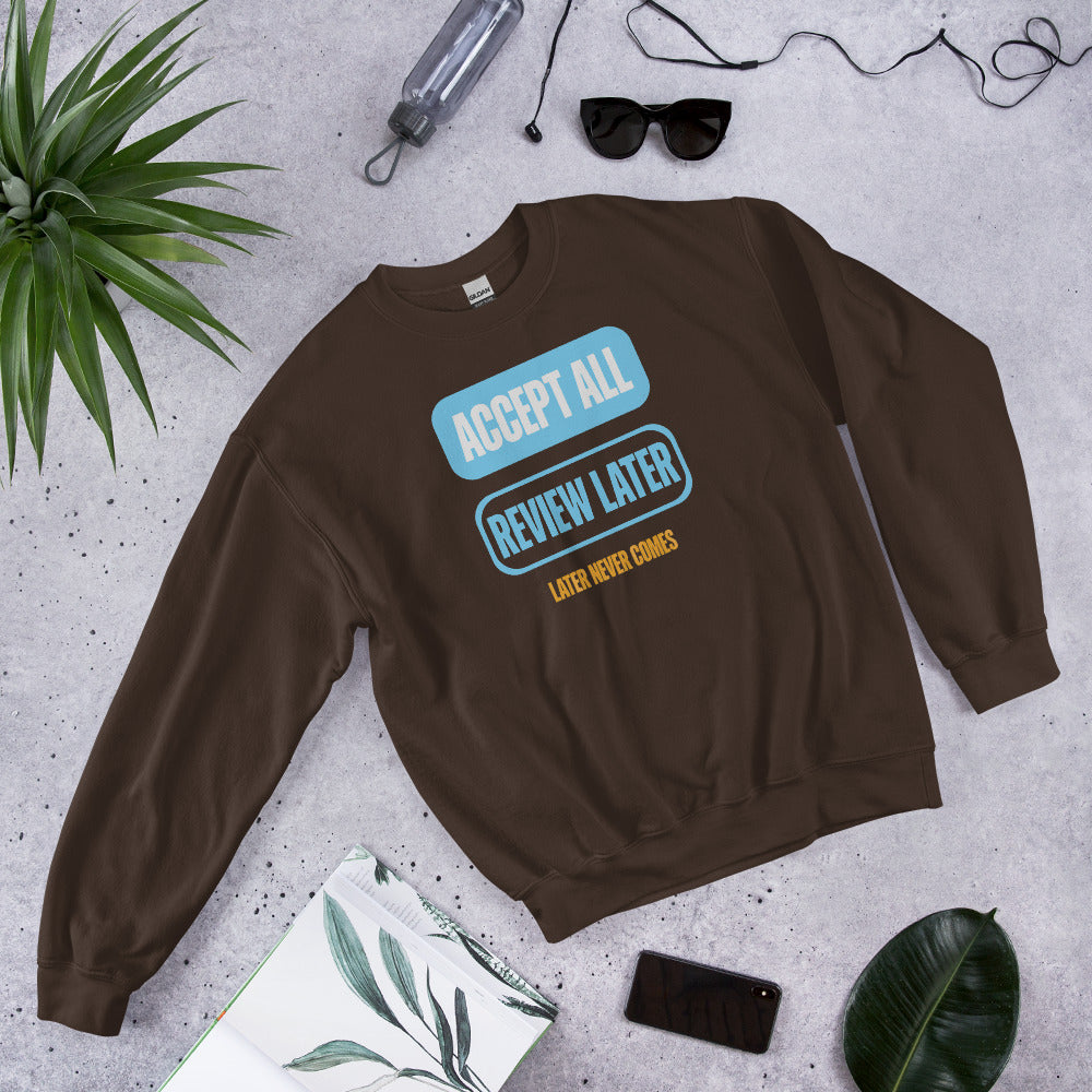 Accept All Review Later crewneck sweatshirt — Dark Chocolate, flat lay