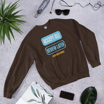 Accept All Review Later crewneck sweatshirt — Dark Chocolate, flat lay