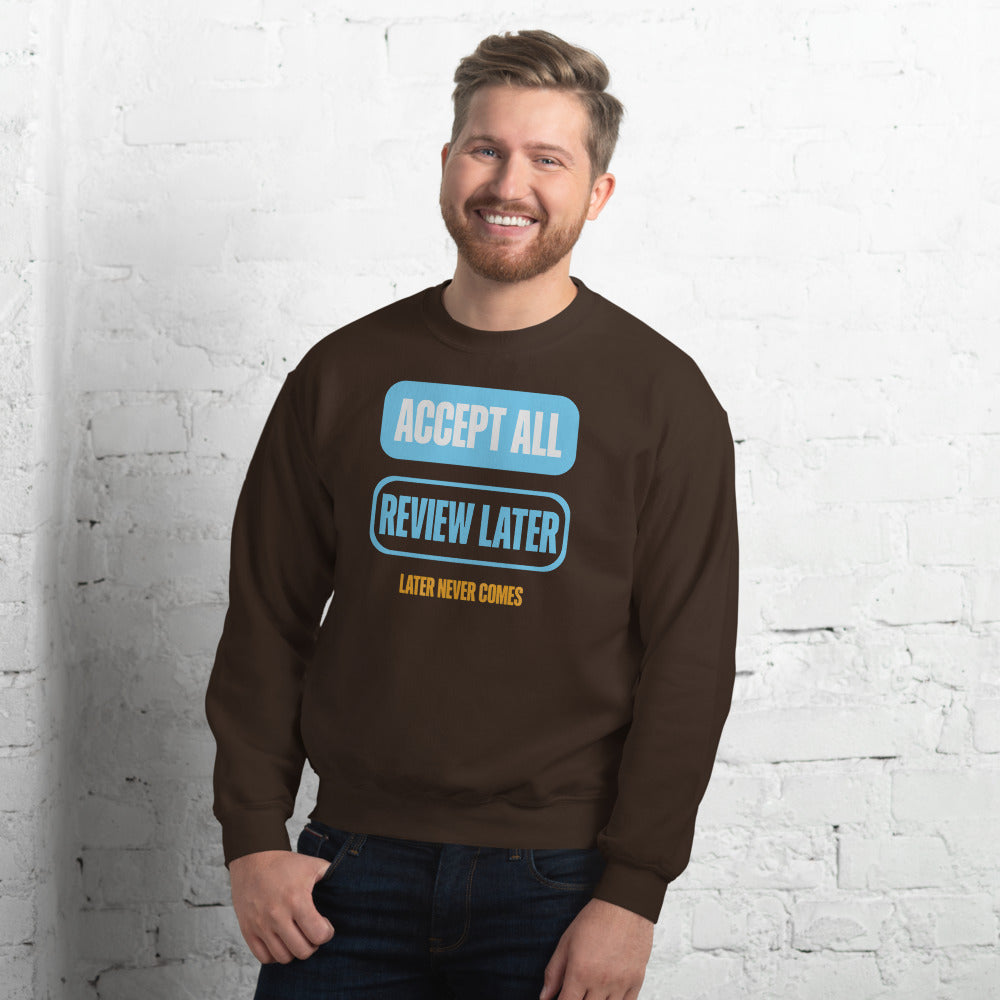 Accept All Review Later crewneck sweatshirt — Dark Chocolate, on model