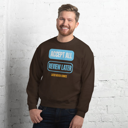 Accept All Review Later crewneck sweatshirt — Dark Chocolate, on model