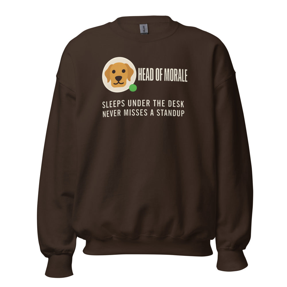 Head of Morale dog profile card crewneck sweatshirt — Dark Chocolate, front