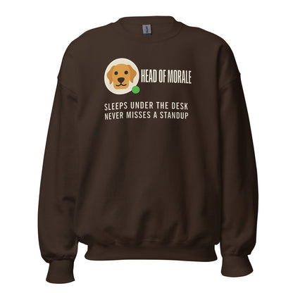 Head of Morale dog profile card crewneck sweatshirt — Dark Chocolate, front
