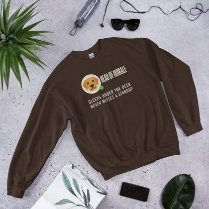 Head of Morale dog profile card crewneck sweatshirt — Dark Chocolate, flat lay