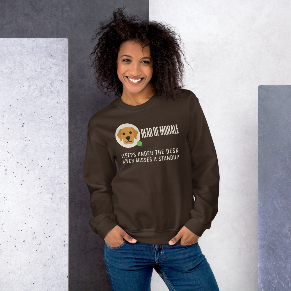 Head of Morale dog profile card crewneck sweatshirt — Dark Chocolate, on model