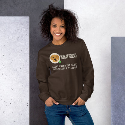 Head of Morale dog profile card crewneck sweatshirt — Dark Chocolate, on model