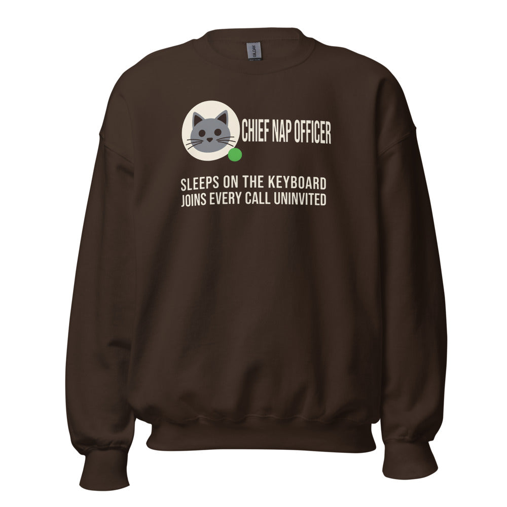 Chief Nap Officer cat profile card crewneck sweatshirt — Dark Chocolate, front