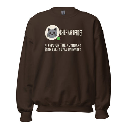 Chief Nap Officer cat profile card crewneck sweatshirt — Dark Chocolate, front