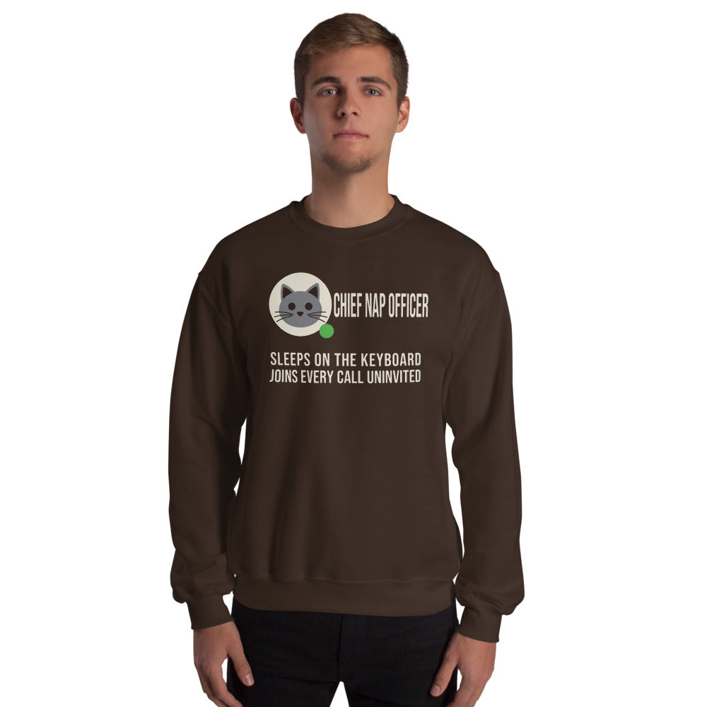 Chief Nap Officer cat profile card crewneck sweatshirt — Dark Chocolate, on model