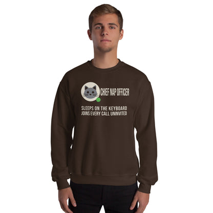 Chief Nap Officer cat profile card crewneck sweatshirt — Dark Chocolate, on model