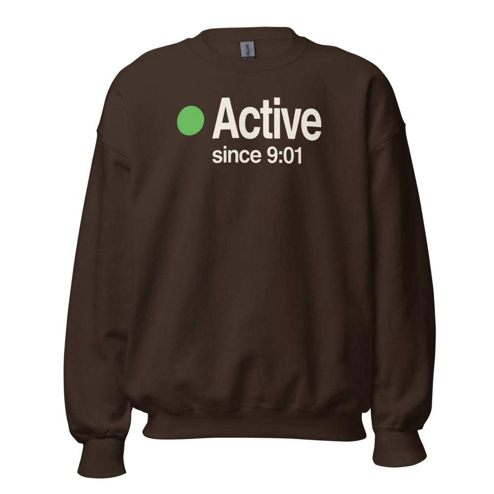 Active Since 9:01 presence status crewneck sweatshirt — Dark Chocolate, front