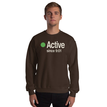 Active Since 9:01 presence status crewneck sweatshirt — Dark Chocolate, on model