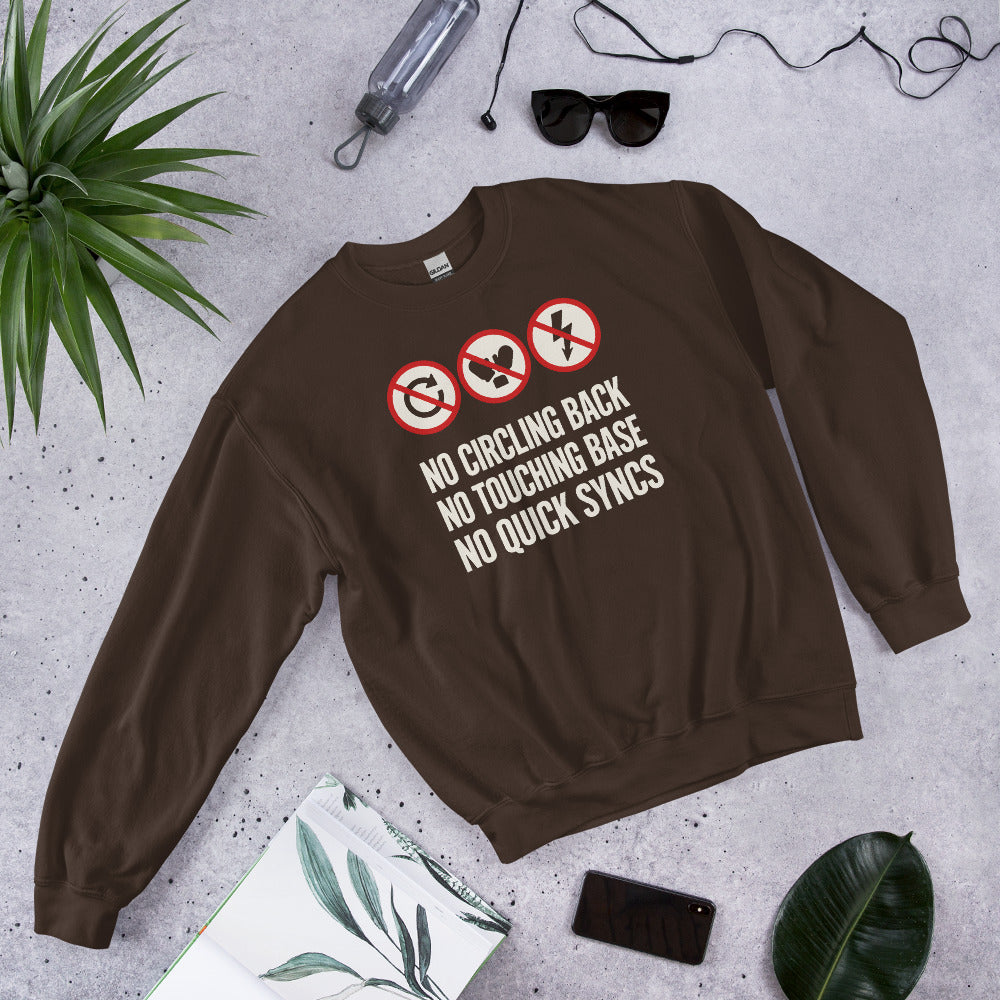 No Circling Back corporate jargon prohibition signs crewneck sweatshirt — Dark Chocolate, flat lay