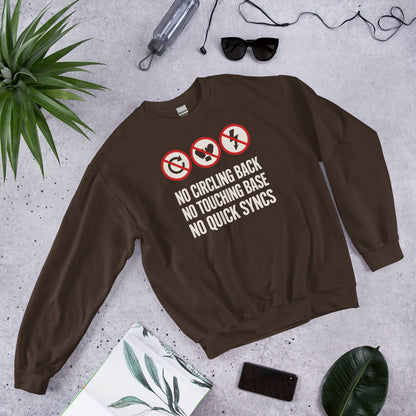 No Circling Back corporate jargon prohibition signs crewneck sweatshirt — Dark Chocolate, flat lay