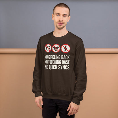 No Circling Back corporate jargon prohibition signs crewneck sweatshirt — Dark Chocolate, on model