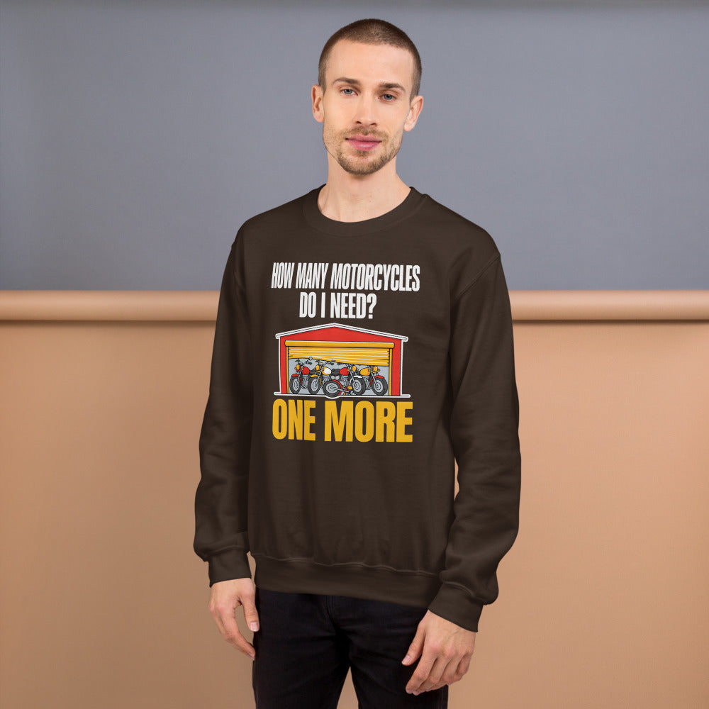 One More funny motorcycle crewneck sweatshirt — Dark Chocolate, on model