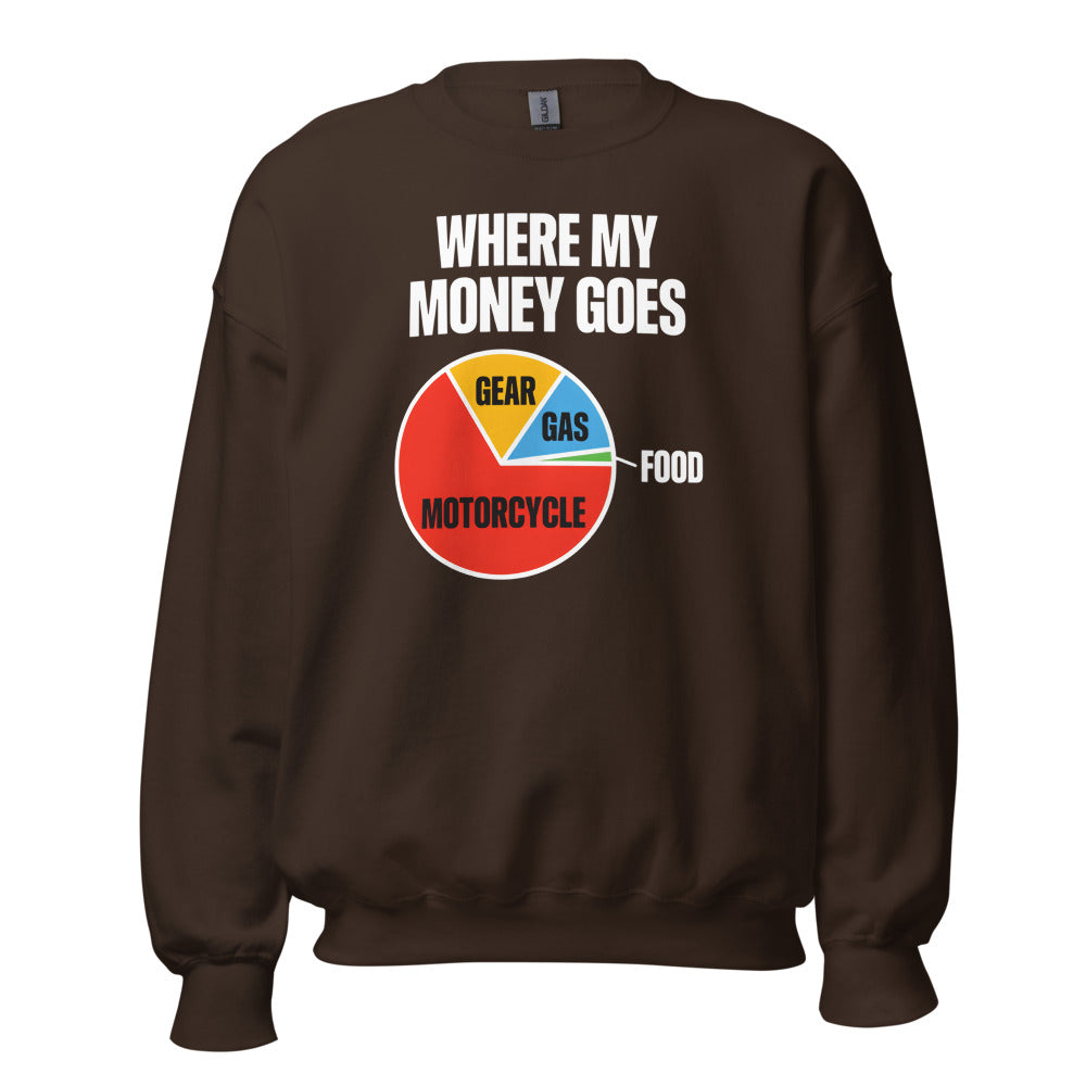 Where My Money Goes funny motorcycle crewneck sweatshirt — Dark Chocolate, front