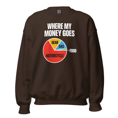 Where My Money Goes funny motorcycle crewneck sweatshirt — Dark Chocolate, front