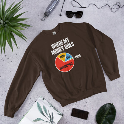 Where My Money Goes funny motorcycle crewneck sweatshirt — Dark Chocolate, flat lay