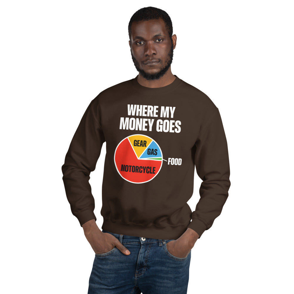 Where My Money Goes funny motorcycle crewneck sweatshirt — Dark Chocolate, on model
