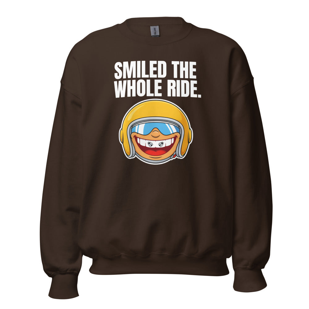Smiled The Whole Ride funny motorcycle crewneck sweatshirt — Dark Chocolate, front