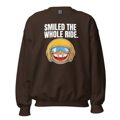 Smiled The Whole Ride funny motorcycle crewneck sweatshirt — Dark Chocolate, front