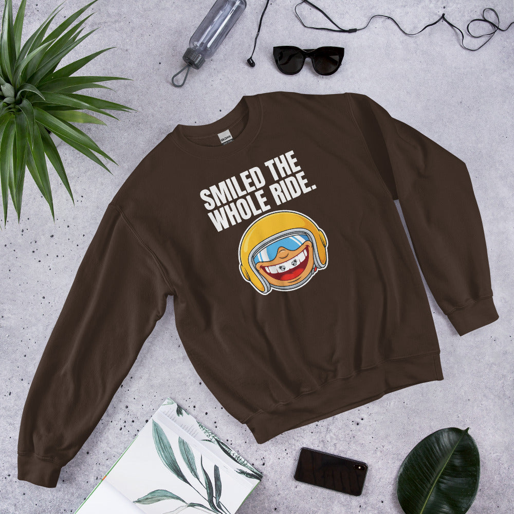 Smiled The Whole Ride funny motorcycle crewneck sweatshirt — Dark Chocolate, flat lay