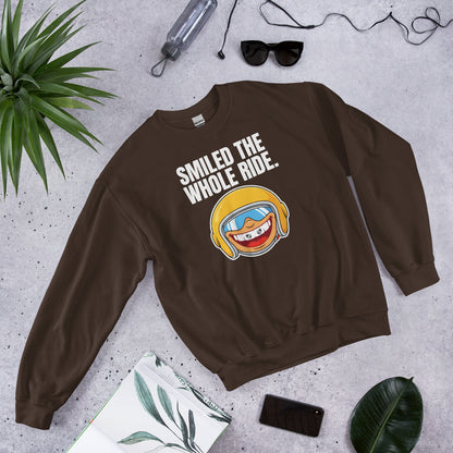 Smiled The Whole Ride funny motorcycle crewneck sweatshirt — Dark Chocolate, flat lay
