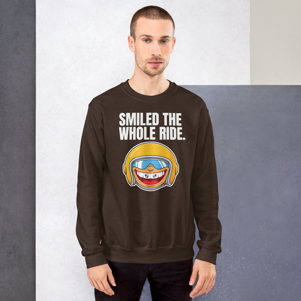 Smiled The Whole Ride funny motorcycle crewneck sweatshirt — Dark Chocolate, on model