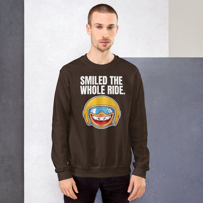 Smiled The Whole Ride funny motorcycle crewneck sweatshirt — Dark Chocolate, on model