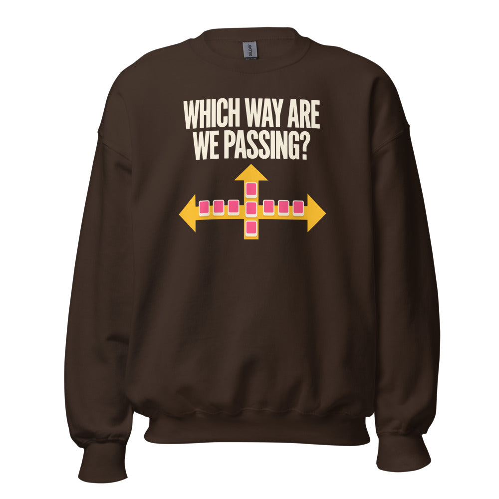 Which Way Are We Passing funny mahjong crewneck sweatshirt — Dark Chocolate, front