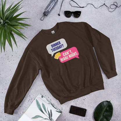 Mahj Night funny mahjong crewneck sweatshirt — Dark Chocolate, flat lay