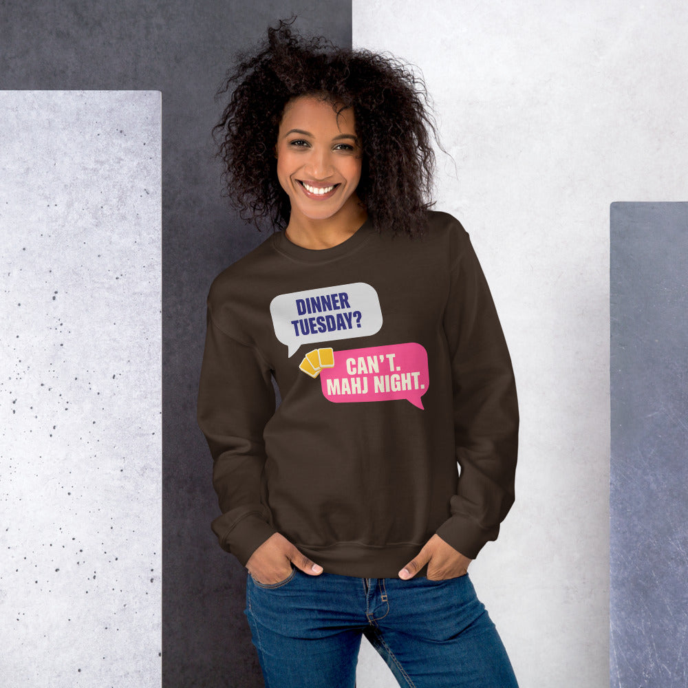 Mahj Night funny mahjong crewneck sweatshirt — Dark Chocolate, on model