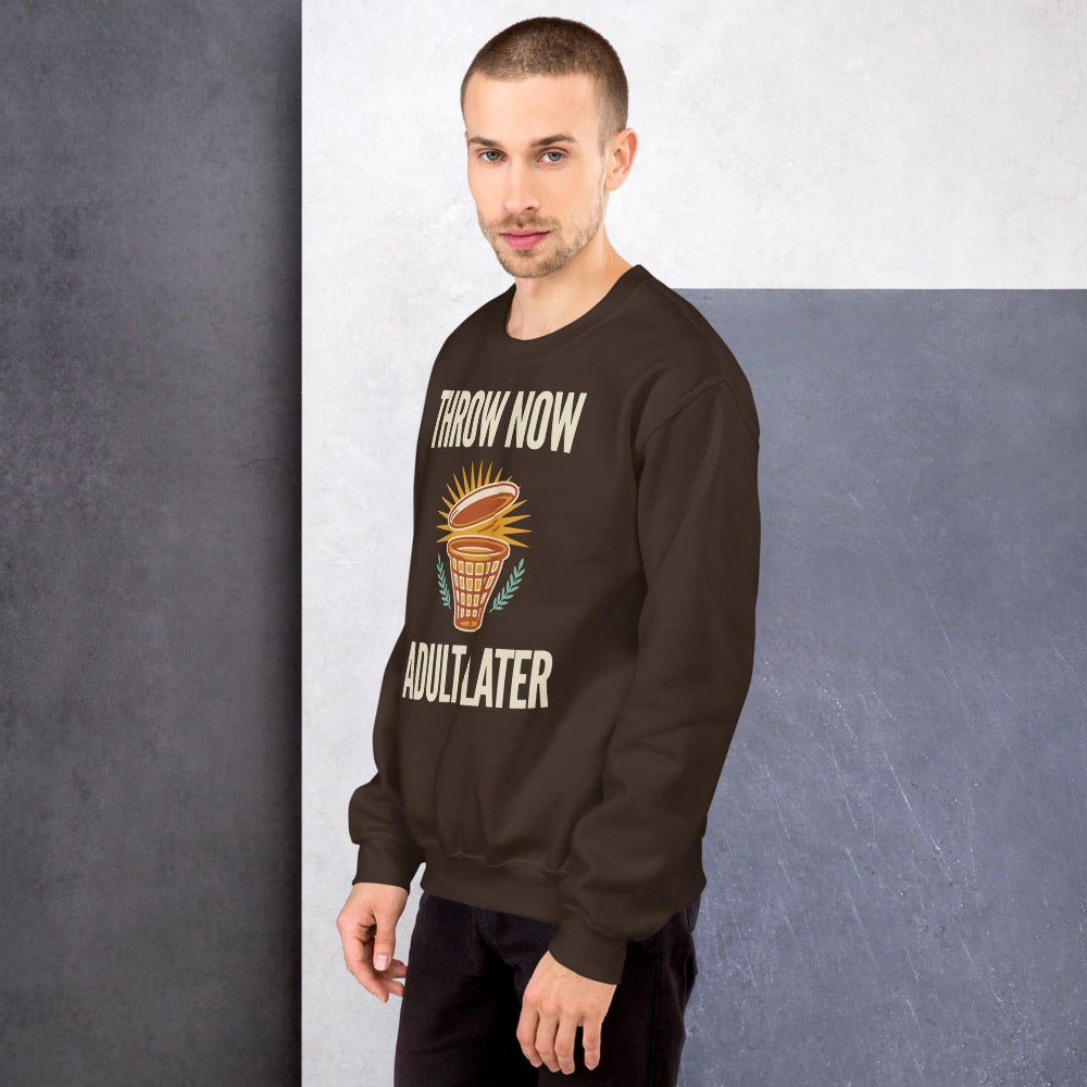 Throw Now Adult Later disc golf retro crewneck sweatshirt — Dark Chocolate, on model