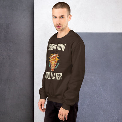 Throw Now Adult Later disc golf retro crewneck sweatshirt — Dark Chocolate, on model