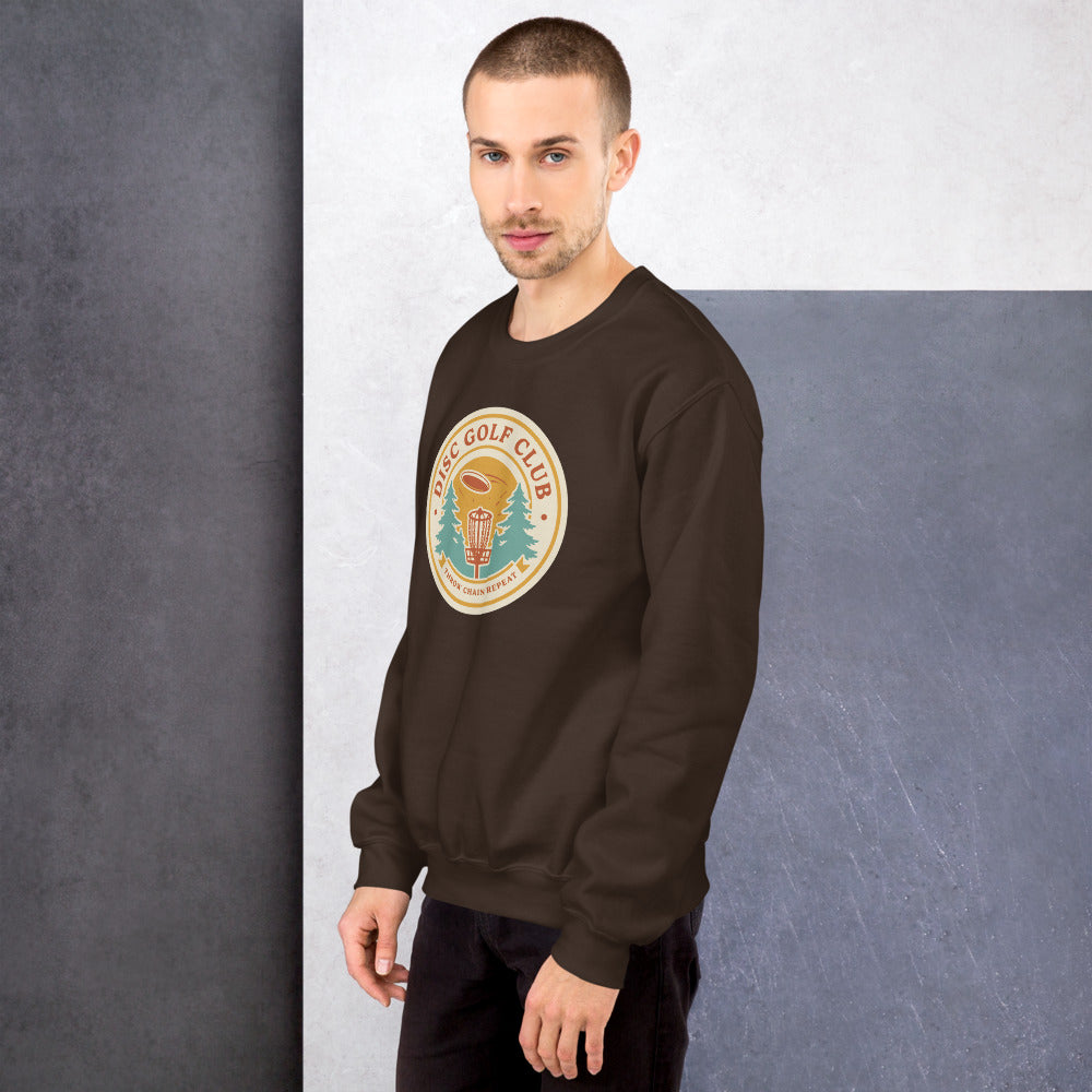 Disc Golf Club retro badge crewneck sweatshirt — Dark Chocolate, on model